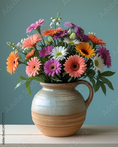 Wallpaper Mural Bright daisy flowers in a handmade clay pot on a wooden table, capturing a lively and vibrant atmosphere perfect for backgrounds, floral designs, and natural beauty themes.

 Torontodigital.ca