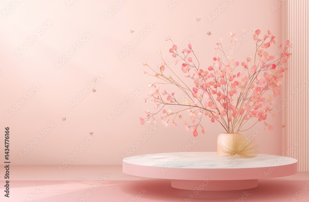 Pink Flowers On Branches In Marble Vase On Circular Base Against Pastel Pink Wall Pink Flowers On Branches In Marble Vase On Circular Base Against Pastel Pink Wall
