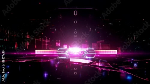 4k futuristic cyberpunk loading screen animation with glowing neon progress bar and glitch effects on black background