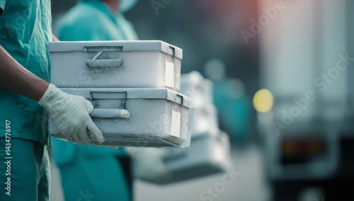 Medical Professional In Teal Scrubs Carefully Handling Frozen Specimen Containers Outdoors