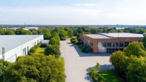 Aerial view of industrial buildings and green spaces.  Spacious paved area between structures