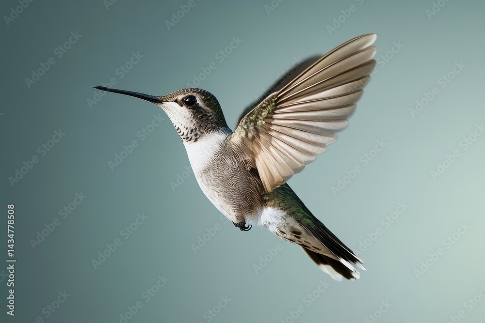 Fototapeta premium A graceful hummingbird in mid-flight against a muted backdrop.