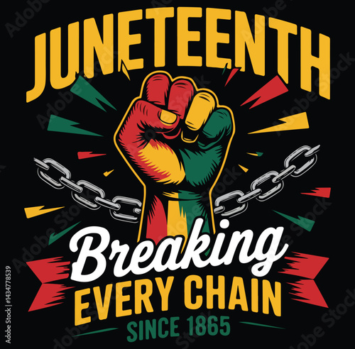 Juneteenth freedom day celebration with raised fist and broken chains symbolizing emancipation