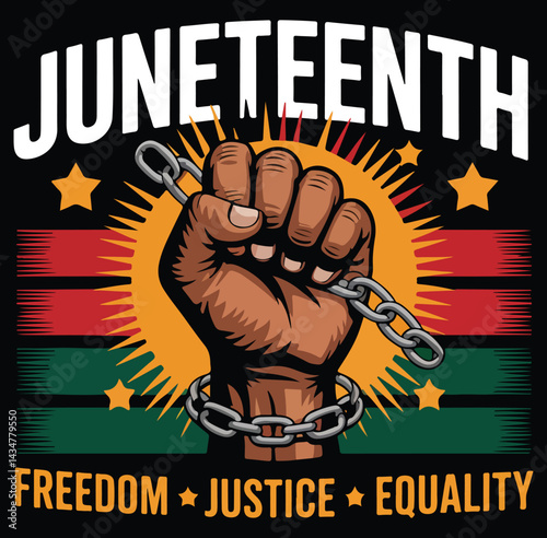 Juneteenth celebration graphic with raised fist breaking chains for freedom and equality