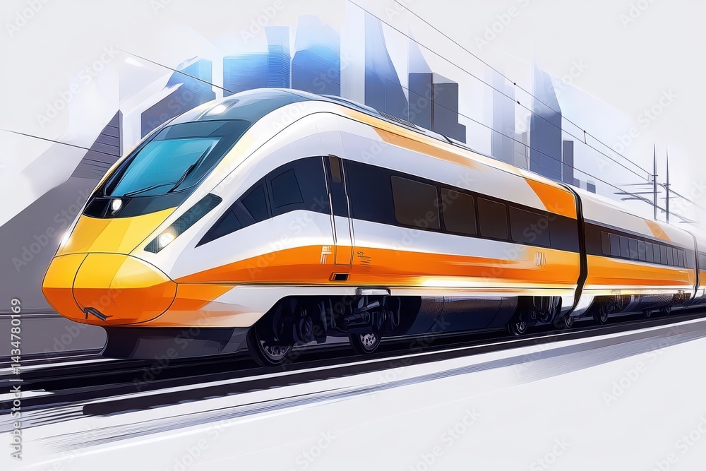 Fototapeta premium Orange train speeding on the tracks on a white background