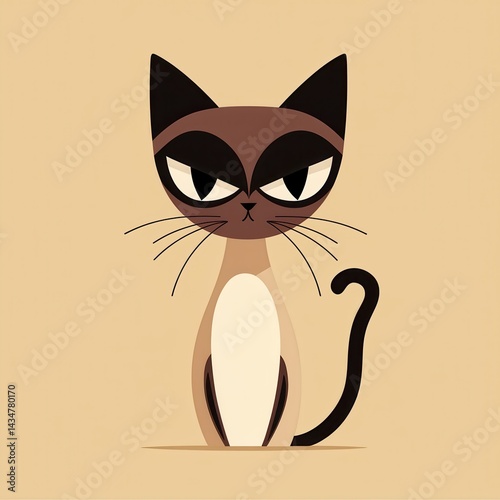 Cartoon illustration of a cat with brown and white fur and black markings sitting and looking disgruntled