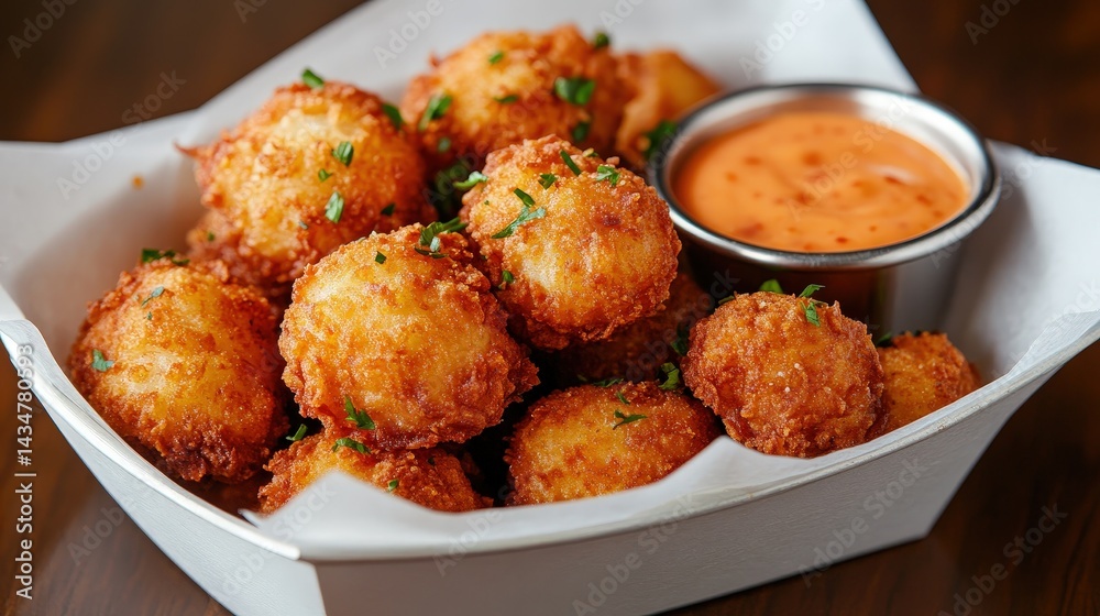 Crispy, golden-fried balls served with a tangy dipping sauce, garnished with fresh herbs, perfect for snacking or sharing at gatherings. Crispy, golden-fried balls served with a tangy dipping sauce, garnished with fresh herbs, perfect for snacking or sharing at gatherings.