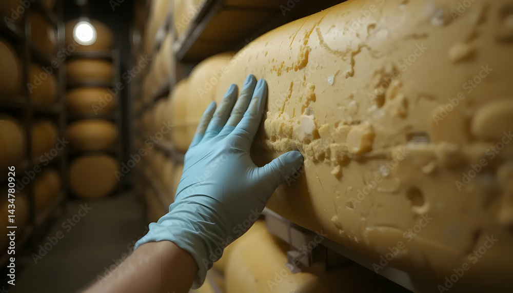 Obraz premium Touching Large Cheese Wheel in Aging Room with Protective Glove