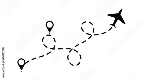  dotted route line the way airplane. Flying with a dashed line from the starting point and along the path  stock vector.