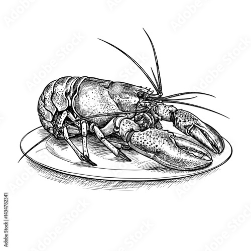 Lobster on Plate Sketch Vector Illustration. Black and White Art on Transparent Background. Seafood, Gourmet Dining Concept. For Menus, Restaurants, Food Design, Packaging