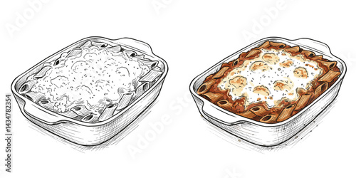Baked Ziti Dish Detailed Vector Sketch. Color and Monochrome Illustration on Transparent Background. Italian Cuisine, Pasta, Cheese, Food Concept. For Menus, Recipes, Blogs, Packaging