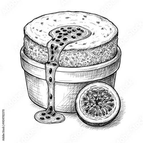 Passion Fruit Soufflé Vector Sketch. Detailed Illustration with Melting Texture, Transparent Background. Dessert, Baking, Sweet Food Concept. For Food Blogs, Menus, Packaging, Recipe Sites