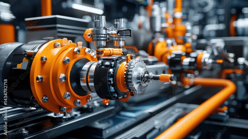 Close Up of Industrial Machine Featuring Bright Orange Pipes and Details Close Up of Industrial Machine Featuring Bright Orange Pipes and Details