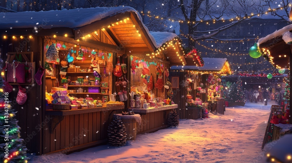 Snowy Christmas market stalls illuminated by warm lights. Snowy Christmas market stalls illuminated by warm lights.