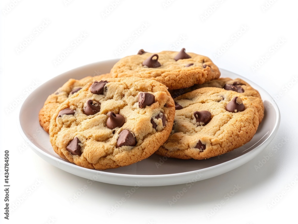 Delicious Chocolate Chip Cookies on Plate, White Background Delicious Chocolate Chip Cookies on Plate, White Background