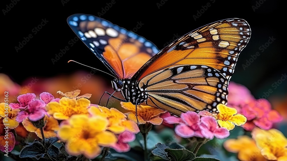 Fototapeta premium Vibrant monarch butterfly resting on colorful blossoms.