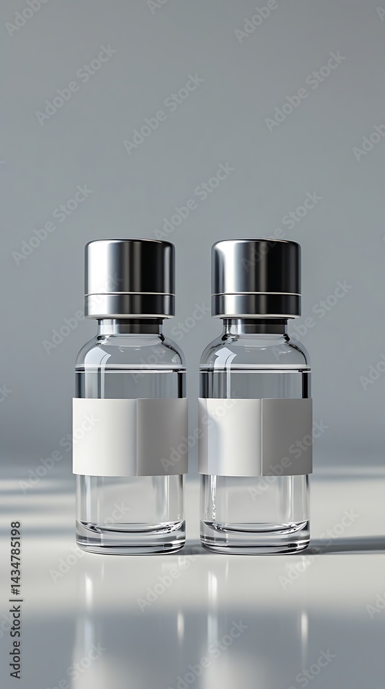 Minimalist glass bottles with silver caps and blank white labels standing side by side, clean pharmaceutical packaging design concept with soft natural lighting and shadow
