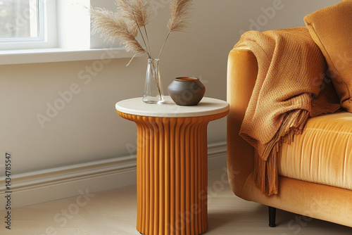 Sophisticated Minimalist Design: Fluted Side Table and Sofa in Soft Tones