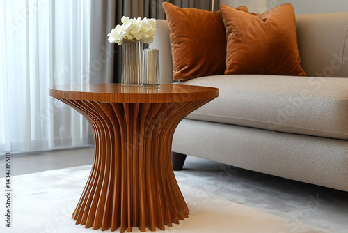 High-End Interior: Fluted Side Table and Soft-Toned Sofa in a Minimalist Space
