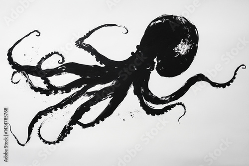 Black and white octopus ink drawing, sea animal illustration, ocean life art, cephalopod print, marine