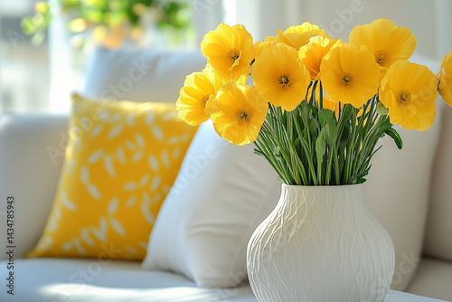 Sunny and Stylish Living Room: Yellow Accents with White Pillows and Vase