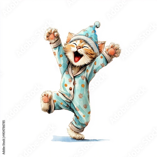 watercolor illustration of a super happy fluffy kitten in pajamas with a nightcap