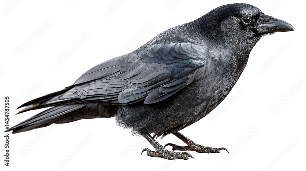 Fototapeta premium Raven in Profile: A captivating profile of a raven showcases its sleek, ebony plumage, sharp beak, and intelligent gaze, a symbol of mystery and intelligence.