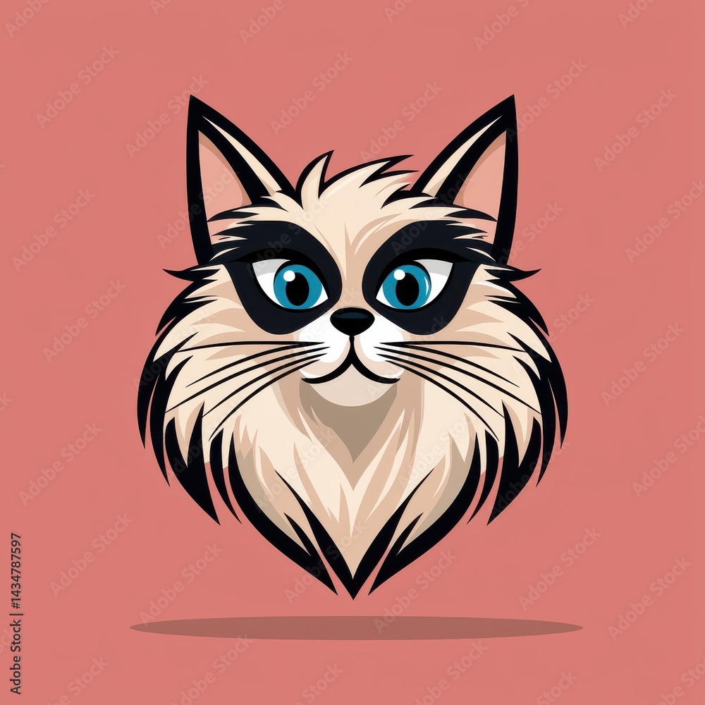 Cartoon illustration of a cat with blue eyes and light-colored fur on a pink background Cartoon illustration of a cat with blue eyes and light-colored fur on a pink background