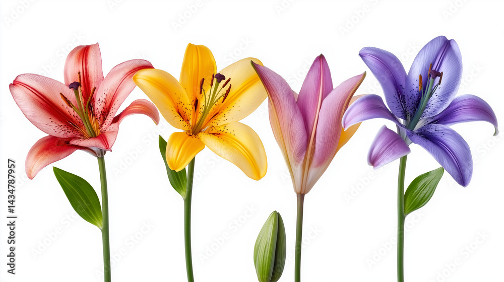 Naklejka premium Lily Flowers in Multicolor, Isolated on White Background