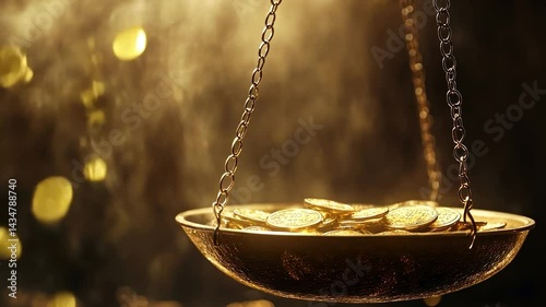 Golden coins balanced on ancient scales, mystical atmosphere