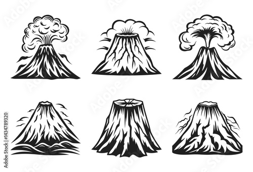 Diverse volcano eruption silhouettes