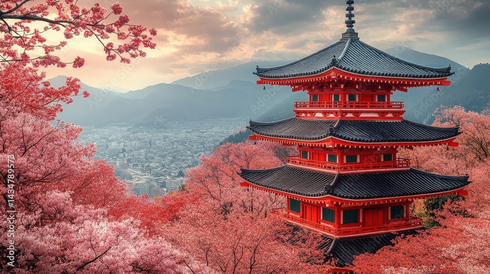Fototapeta premium Stunning pagoda nestled amidst vibrant cherry blossoms.
