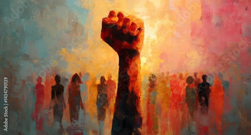 Powerful Upraised Fist Above a Crowd Abstract Visual of Resistance and Hope