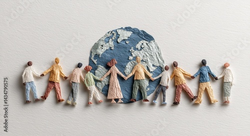Diverse Miniature Figures Holding Hands Around A Textured Earth Globe On A Light Backgrounds