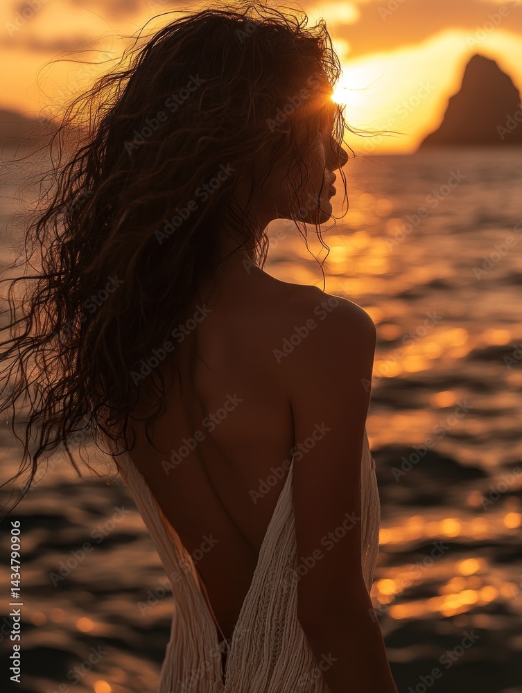 Fototapeta premium A woman with dark curly hair, wearing a long white summer dress, stands with her back to the viewer