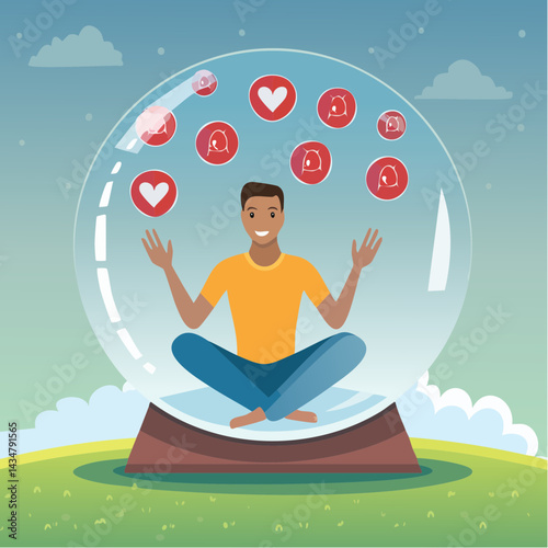 A person sitting inside a bubble with comforting symbols outside, trying to reach them.
