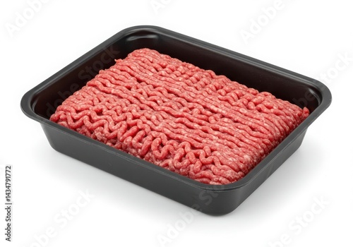 Ground beef in a black tray isolated on white background