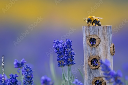 Bee on wooden bee hotel among lavender