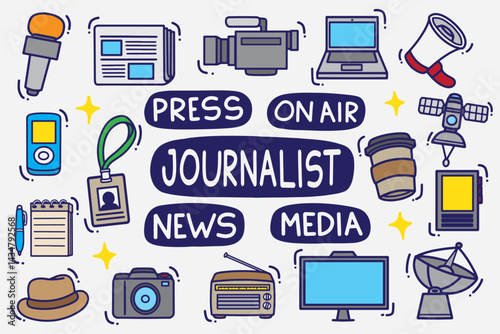 set of journalist doodle with color good for background, wallpaper, element design, icon, etc