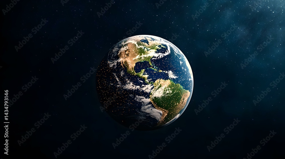 Obraz premium The image shows a detailed view of planet Earth from space, with North and South America prominently featured, set against a backdrop of a star-filled dark space. City lights are visible, highlighti