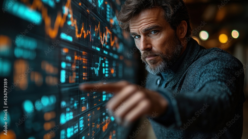 Focused Trader Analyzing Financial Data on a Large Screen Focused Trader Analyzing Financial Data on a Large Screen