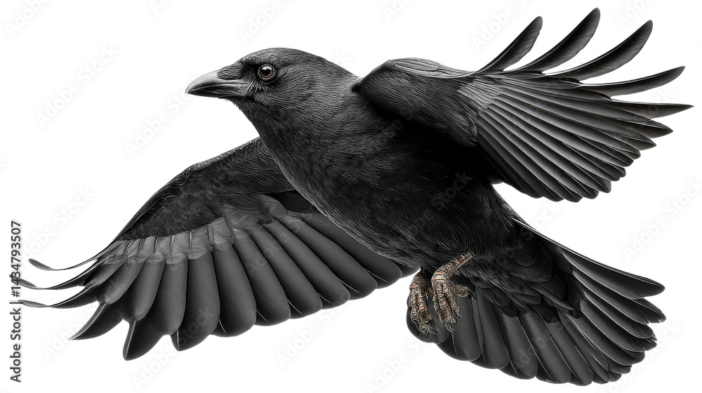 Fototapeta premium Raven in Flight: A majestic raven soars gracefully through the air, its dark feathers spread wide as it navigates the open sky in this stunning wildlife image. 