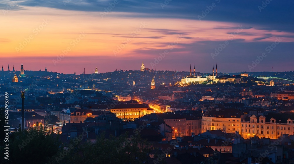 Fototapeta premium Sunset over Sarajevo: A Panoramic View of City Lights and Historic Architecture
