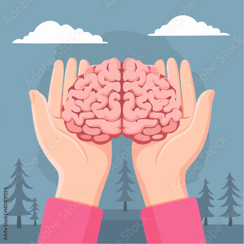 A brain being held gently in open hands, symbolizing support and care.

