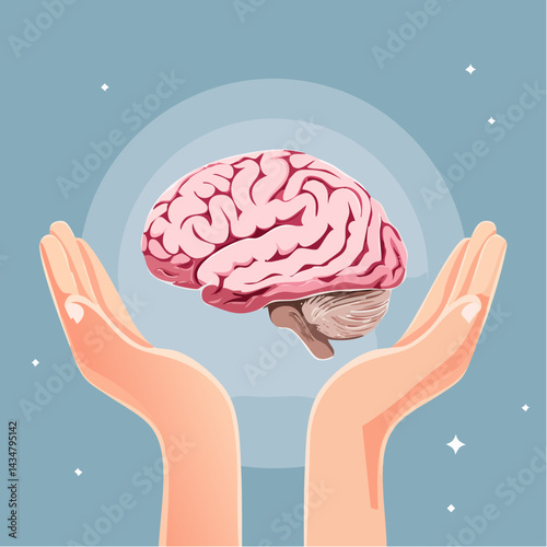 A brain being held gently in open hands, symbolizing support and care.
