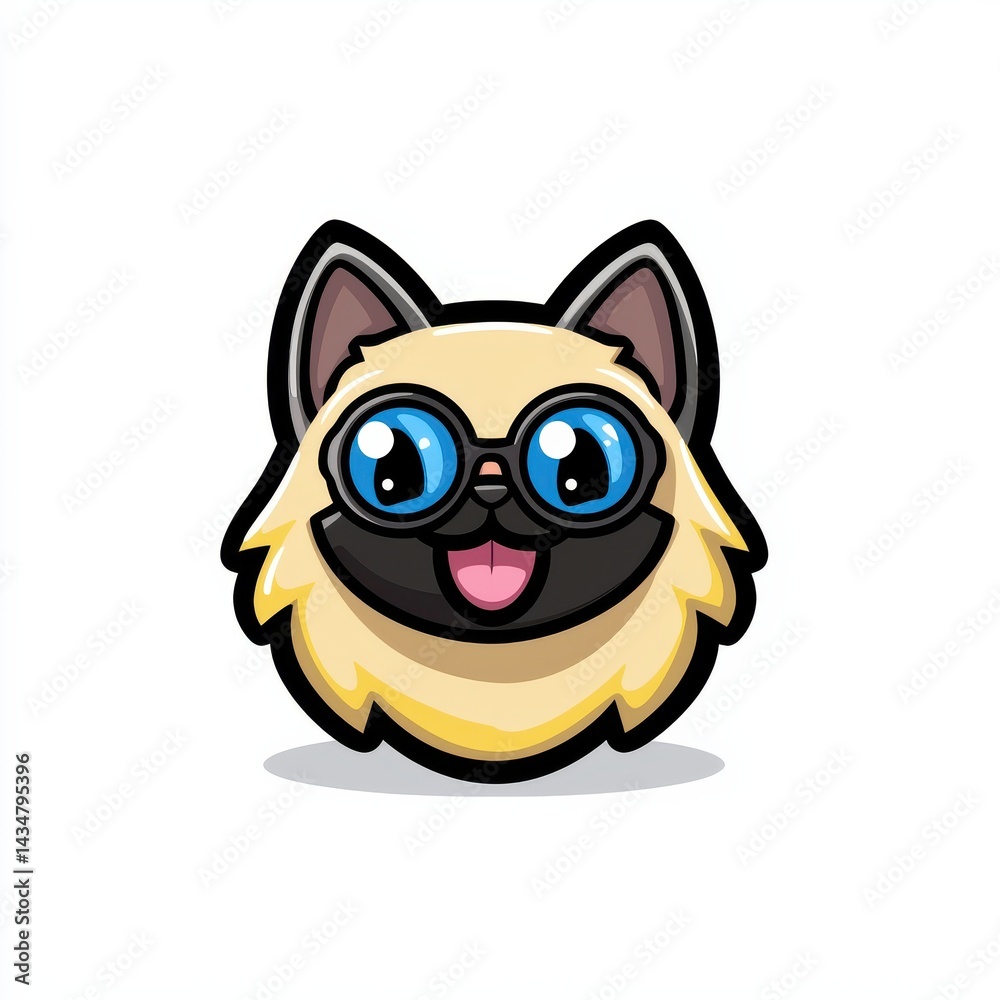 Fototapeta premium Cartoon cat with blue eyes and black-rimmed glasses smiling with tongue out