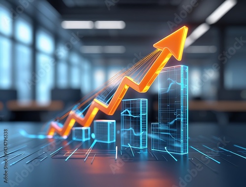 Corporate financial success graph with bright orange arrow showing positive economic trends and market gains in modern tech office environment
 photo