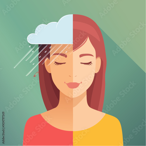 A storm cloud raining over one half of a person’s mind, while the other half is sunny.
