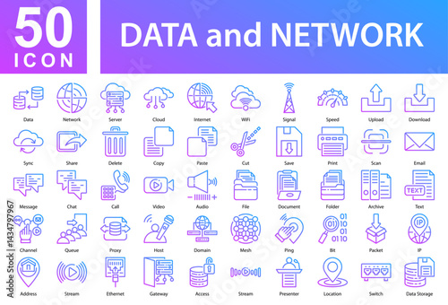 Data and network Icon Collection and Symple Concept Outline Gradient