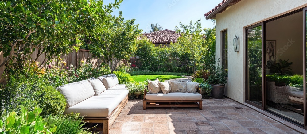 A sun-drenched backyard patio oasis with comfortable seating and lush greenery.